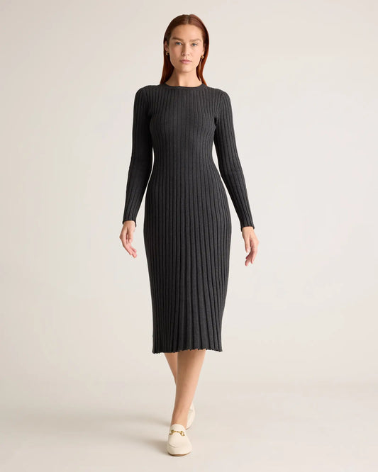 Cotton Cashmere Ribbed Long Sleeve Crew Midi Dress